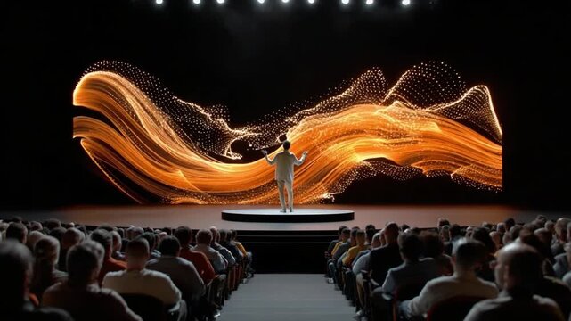 Unveiling the Future: A Presenter Captivates the Audience with a Dynamic Visual Display