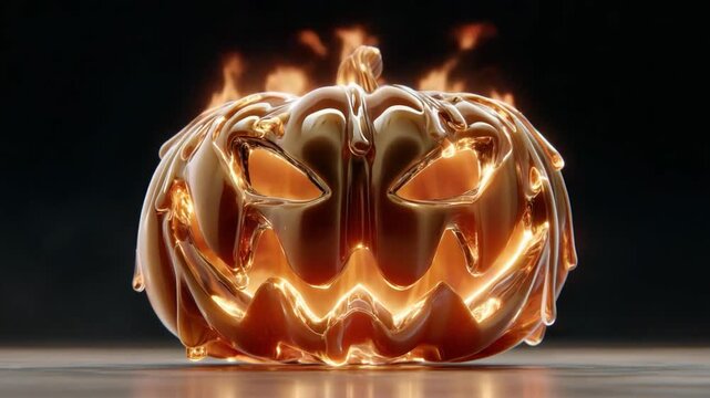 Golden Halloween pumpkin on fire: a festive golden pumpkin radiating with flames, evoking the spirit of Halloween and a hint of playful mystery. A striking visual suitable for designs.