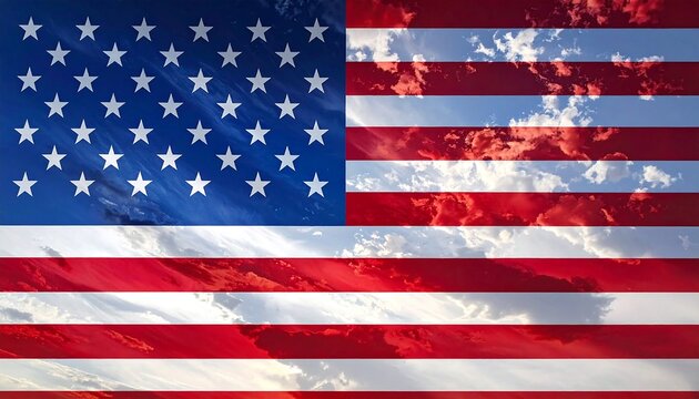 American flag, sunset clouds - Powered by Adobe