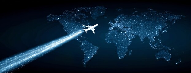Airplane Flight Over Digital World Map