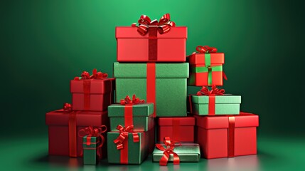 Fototapeta premium Christmas Gift Boxes Stack with Red Ribbons: Vibrant Green Wrapped Presents, Glossy Satin Ribbons, Bold Red Gradient Background, Smooth Green Surface