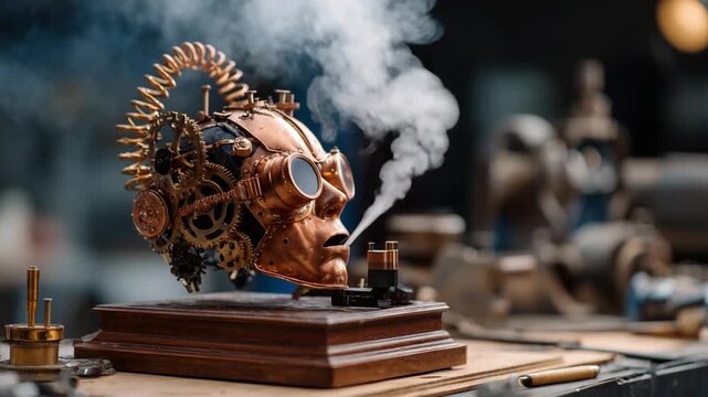 Steampunk Head Sculpture: A meticulously crafted steampunk head sculpture, showcasing intricate gears and a copper finish, exhales billowing steam against the backdrop of a workshop.