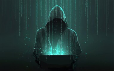 Mysterious Figure with Digital Code and Glowing Box