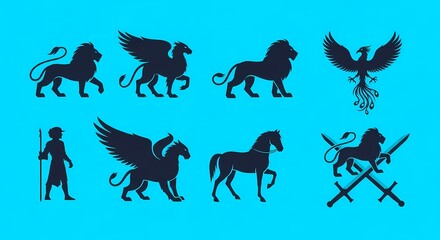 Fototapeta premium Set of dark heraldic emblems featuring majestic lions and winged beasts plus equestrian figures and medieval warriors with weaponry for crests representing strength and royal heritage for