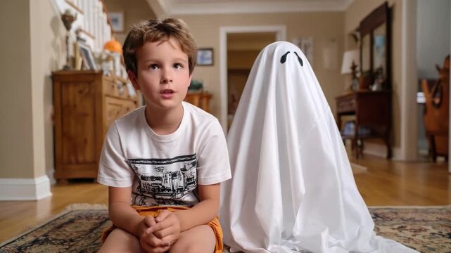 Spooky Companion: A young boy sits beside a whimsical ghost in a cozy domestic setting, their expressions reflecting a blend of curiosity and friendly interaction.
