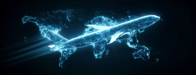 Futuristic Airplane Over World Map in Digital Style