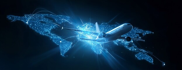 Airplane Flying Over a Digital World Map