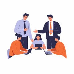 Business team collaborating around table with laptops and tablet  