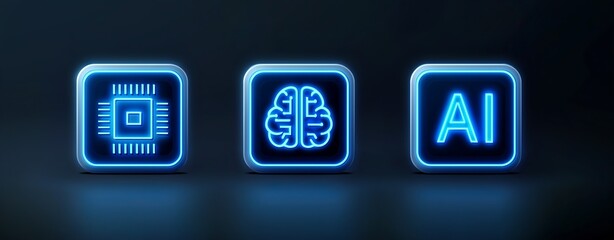 Neon Icons Representing Technology AI and Brain Concepts