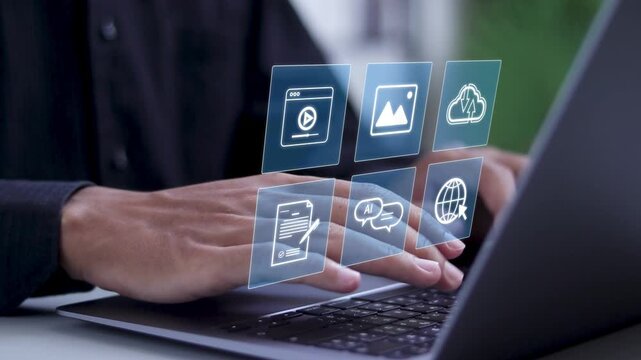 Content management system with Ai technology concept. Content marketing strategy, content development, content management, website advertising and social media marketing.