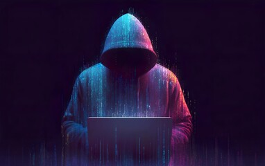 Hacker in Hoodie with Laptop Surrounded by Digital Matrix