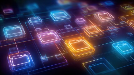 Abstract network grid with files and folders, futuristic software interface, digital document management system, store, search and organize documents, corporate business, paperless office	