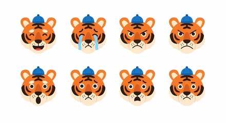 Fototapeta premium Set of cute tiger avatars featuring various emotional expressions for digital communication showing happy sad angry shocked and nervous feelings in a friendly style for social media messaging