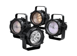 Four black stage lights isolated on transparent background for concert or event