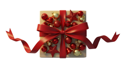 A beautifully wrapped christmas gift, isolated on transparent background, adorned with a vibrant red ribbon and an array of festive ornaments, including shimmering red and gold baubles, stars, and bel