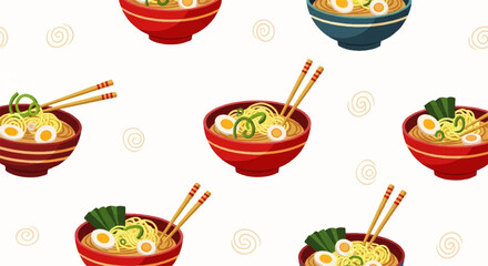 Artistic seamless pattern illustrating traditional Japanese green tea ceremony elements, featuring a delightful assortment of uniquely patterned matcha bowls and bamboo whisks