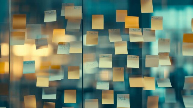 Numerous yellow sticky notes with handwritten text cover a transparent glass wall in a modern office environment, suggesting an ongoing brainstorming session or project planning activity