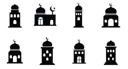 Collection of islamic mosque silhouettes with crescent moon and minarets