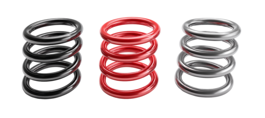 Metal rings isolated on transparent background in black, red, and silver