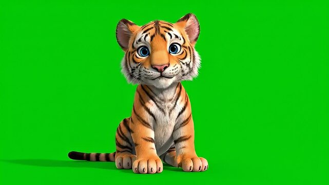 Animation A cute cartoon tiger cub with orange and black stripes sitting in front of a green screen.