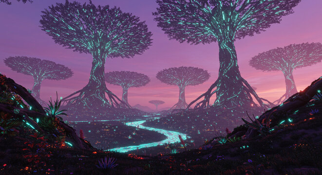 Discover a vibrant alien landscape with glowing trees and a luminous river under a breathtaking twilight sky, perfect for fantasy.