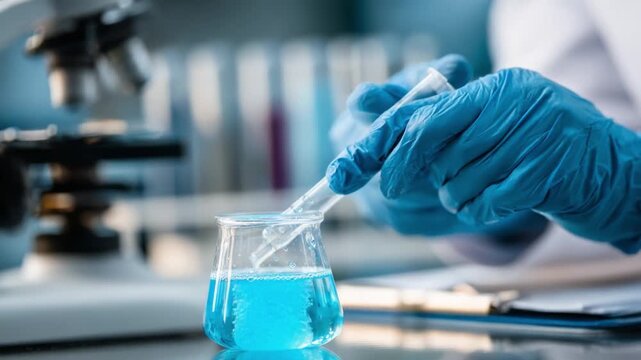 A scientist conducts an experiment in a lab, carefully measuring and mixing blue liquid using pipettes and a beaker, showcasing precision and scientific inquiry.