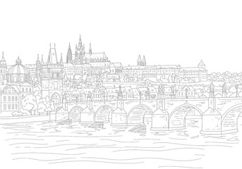 Prague cityscape outline river bridge buildings and distant structures
