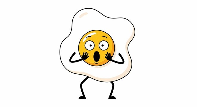 Funny fried egg character with a shocked facial expression standing on legs and gesturing with hands displays a comedic anthropomorphic food personality suitable for culinary projects and fun