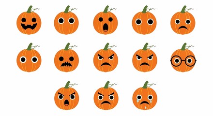 Naklejka premium Set of colorful carved pumpkin faces showing various human emotions like joy anger sorrow fear surprise and boredom for autumn holiday celebrations or harvest festivals during the spooky fall