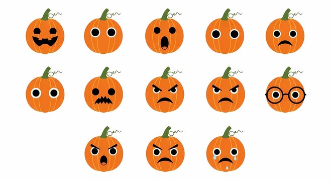 Set of colorful carved pumpkin faces showing various human emotions like joy anger sorrow fear surprise and boredom for autumn holiday celebrations or harvest festivals during the spooky fall