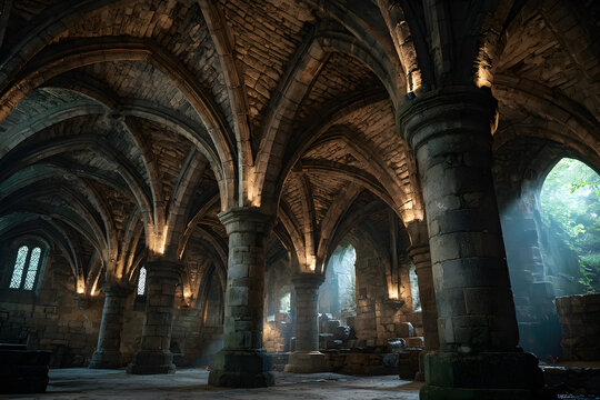 Stone vaulted ceiling and pillars in the medieval undercroft of Lanercost Priory