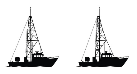 Silhouetted fishing boats with tall masts against a plain white background