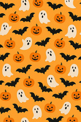 Fototapeta premium Halloween seamless pattern with pumpkins ghosts and bats on orange background, flat minimal seasonal design