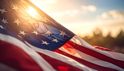 American flag waving in sunset light