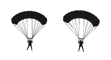 Two silhouetted figures parachuting with open canopies against a white background
