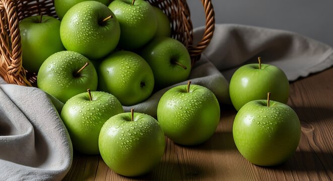 Basket of fresh green apples with water droplets on a wooden table
