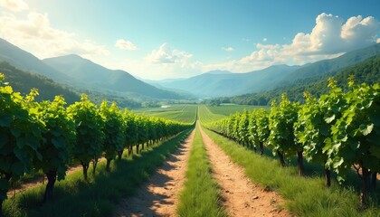 Naklejka premium Vineyard with rows of grapevines and grassy pathway in rural landscape. Green vineyard field with mountains in background. Sunny day with blue sky and white clouds.