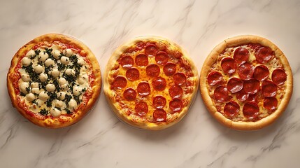 Three delicious pizzas, a pepperoni, a cheese and mozzarella, and a fourth one, ready to be enjoyed, on a marble surface with warm lighting.