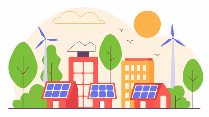 Fototapeta premium Illustration of a cityscape with solar panels, wind turbines, and trees on a sunny day scene view on transparent background silhouette