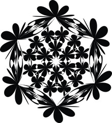 a black and white mandala design, which is a sacred geometric symbol with origins in Hinduism and Buddhism. 