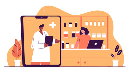 Online doctor consultation on a mobile device with a pharmacist in the background at the pharmacy on transparent background silhouette