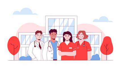 Illustration of four healthcare professionals standing in front of a modern hospital building in daytime on transparent background silhouette