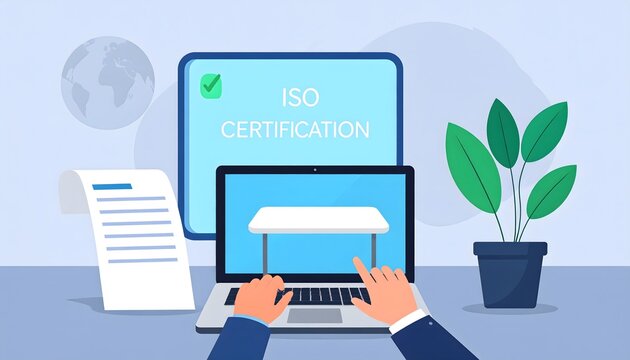 Professional hands typing on a laptop screen showing compliance and quality standards for international business operations and document management systems while working in a busy corporate
