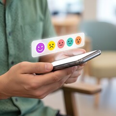 Person Providing Digital Feedback, Selecting a Happy Purple Emoji on a Floating Holographic Interface Above a Smartphone, Symbolizing Customer Satisfaction, Service Evaluation