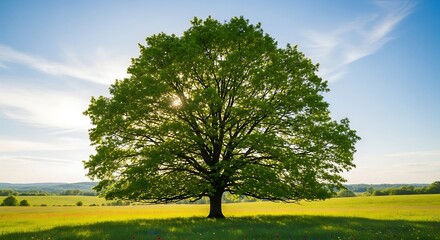 Solitary oak tree in a sunlit green field with blue sky