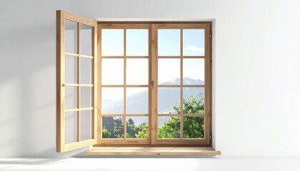Interior shot featuring an open, wooden window with a view of a bright, sunny, and scenic outdoor landscape, showcasing green trees, distant mountains, and clear blue skies through the panes, with...