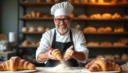 Smiling baker in chef hat holds croissants, dusting them with flour. Shelves full of baked goods in background. Pro cooking in bakery kitchen.