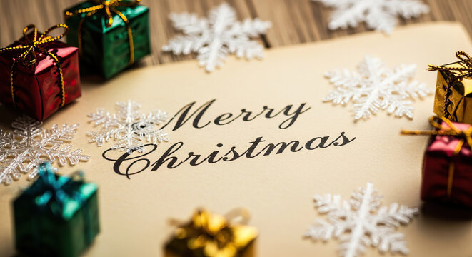 Merry Christmas Greeting Card with Gifts and Snowflakes