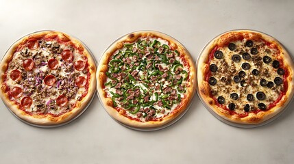 A tempting trio of pizzas—pepperoni, veggie, and mushroom