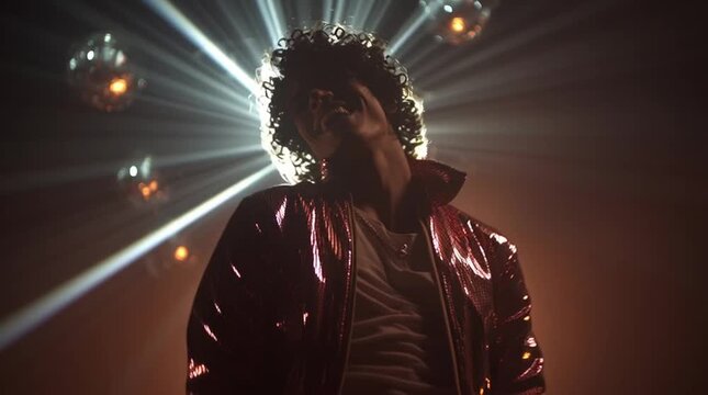 Disco inspired portrait of man in shiny jacket with dramatic light beams